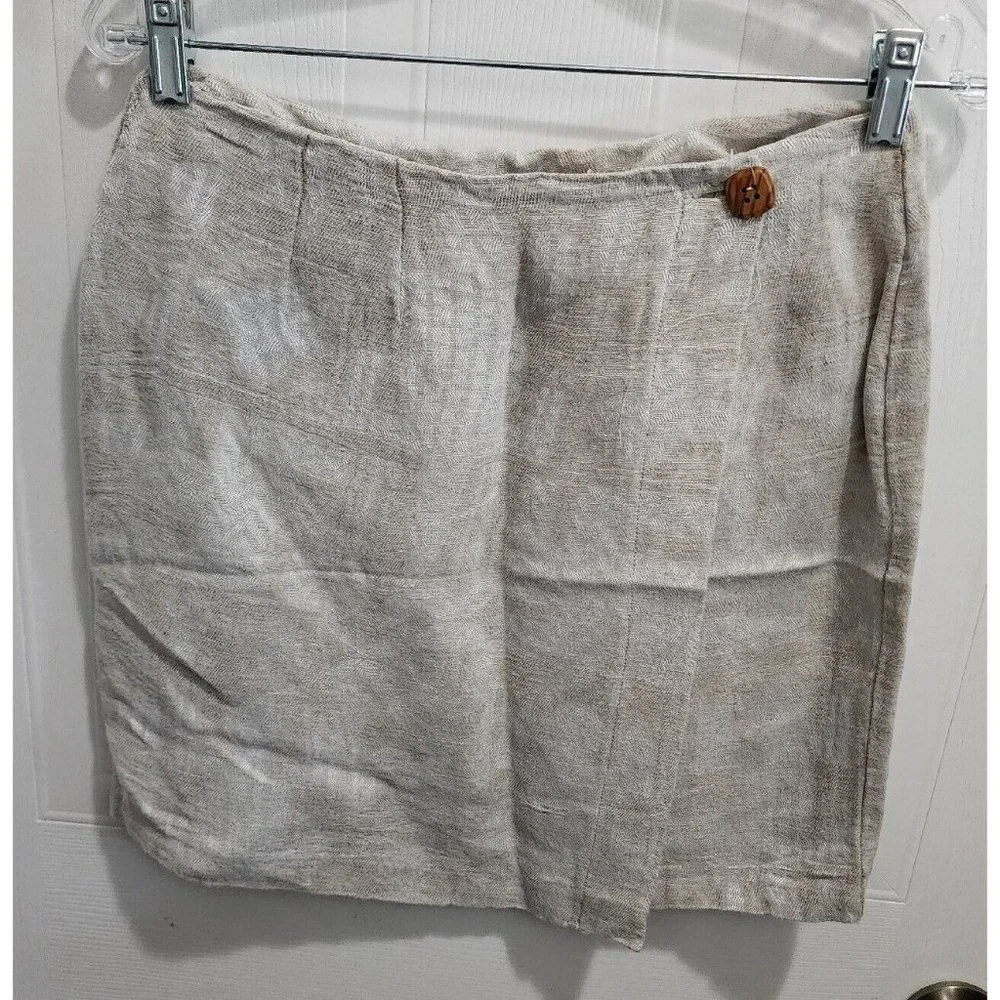Vtg Campaigne International Express Linen Blend Mini Wrap Skirt Beige Size 9/10